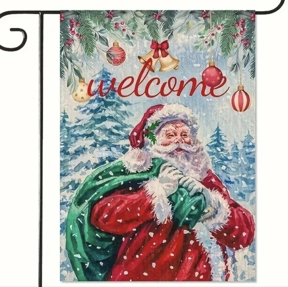 Santa Claus garden flag, welcome, carrying bag, ornaments & snow, wnter - Picture 1 of 3